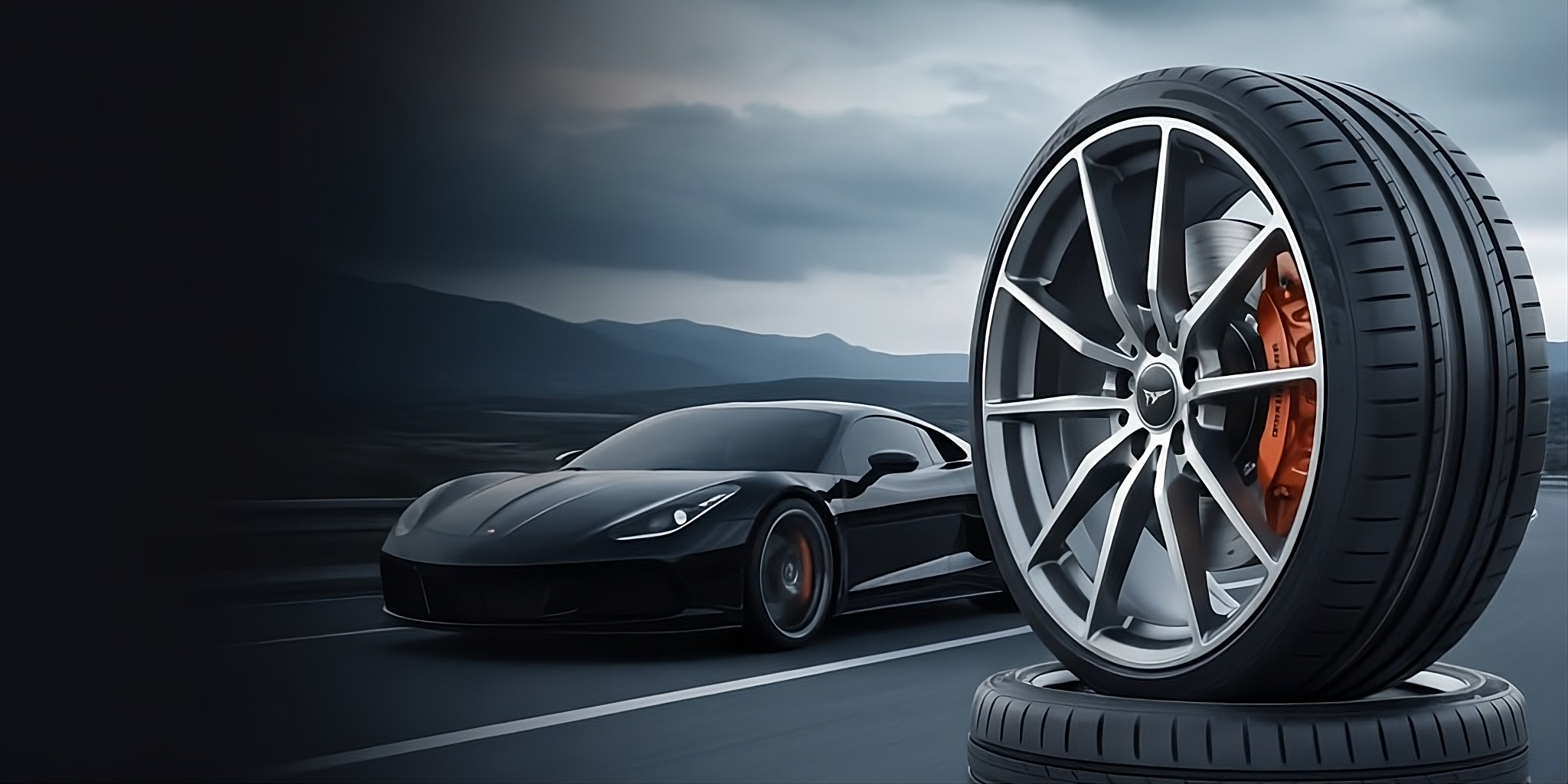 Auto sportiva nera con pneumatico in primo piano